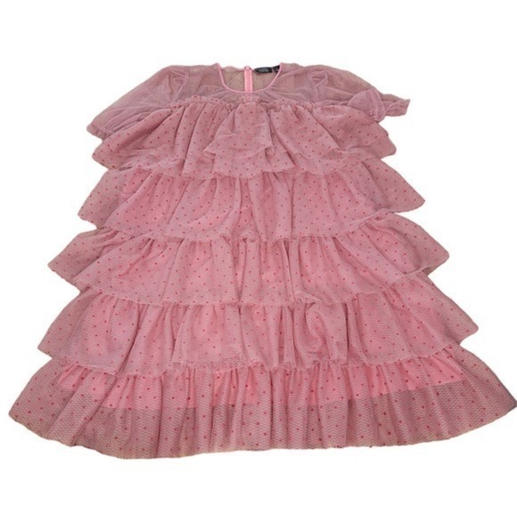 Halogen x Atlantic-Pacific Tiered Flock‎ Mesh Dress Mauve/Red size Large Flirty - Picture 2 of 9